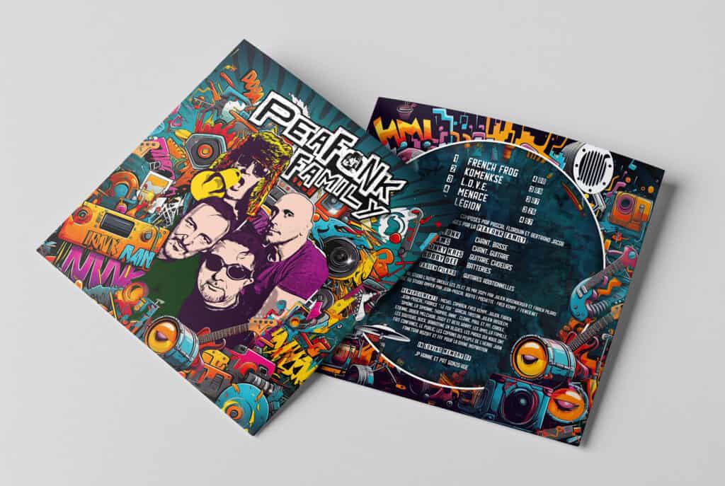 Guide des supports physiques : Bien choisir son packaging CD 4 Pochette CD single EP pour Peafonk Family — Graphisme FKWeb