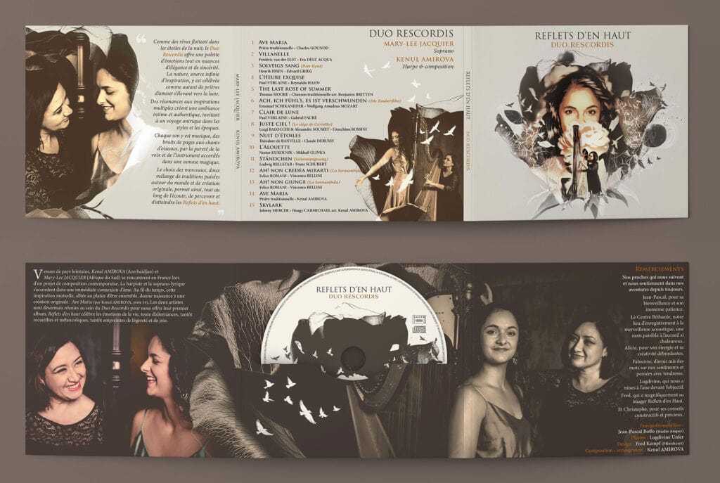 Guide des supports physiques : Bien choisir son packaging CD 15 Packaging CD Digipack classique raffiné pour Duo Rescordis « Reflets d'en Haut » — Graphisme FKWeb